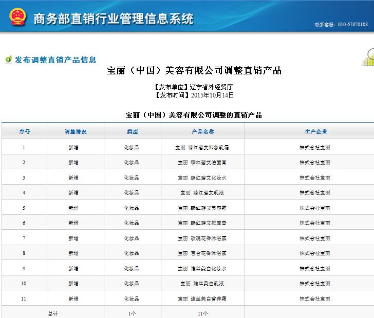 商务部发布宝丽(中国)调整直销产品 新增11个_